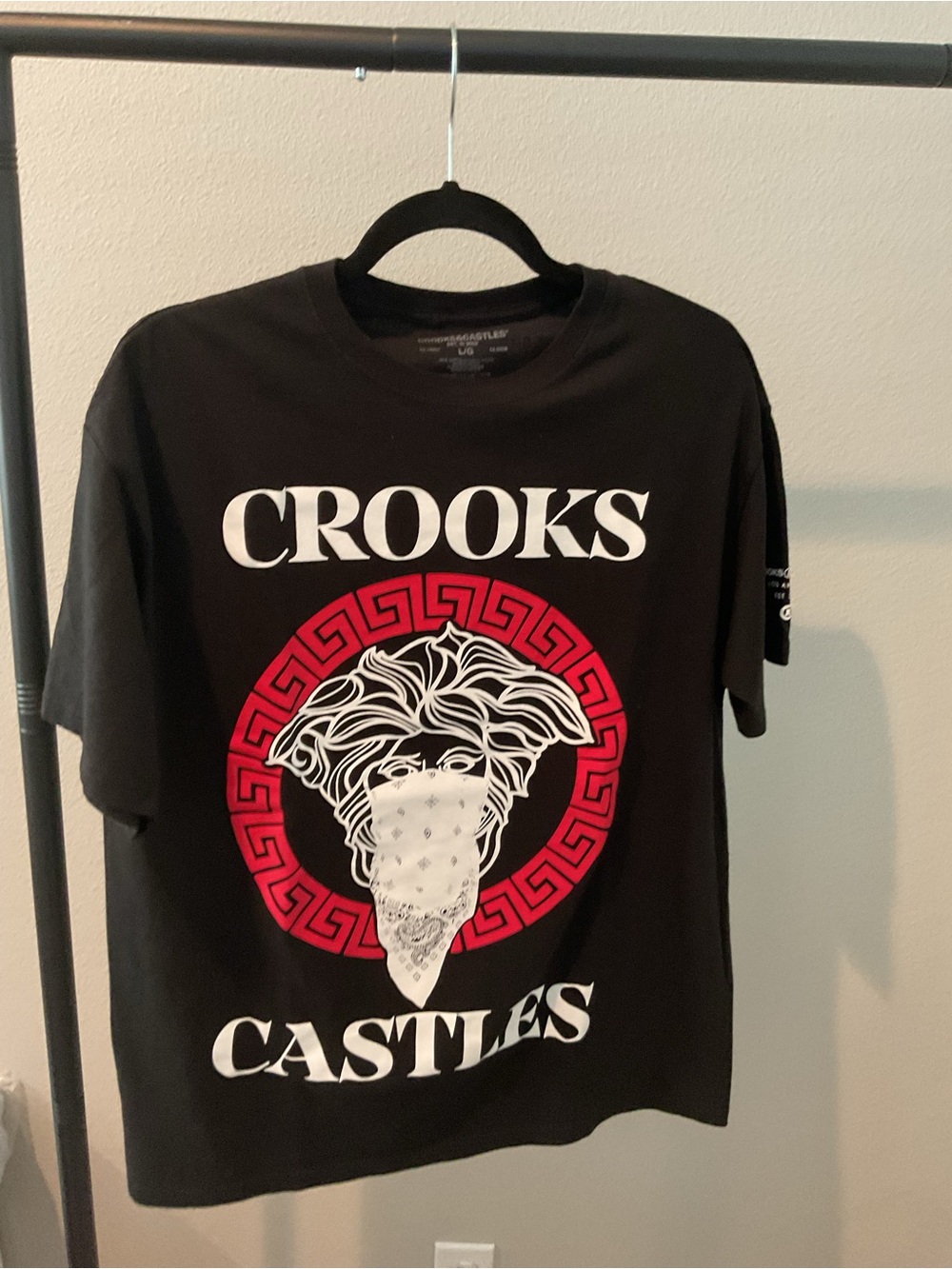 Crooks & Castles Black Tee with Red Medallion and White Graphics